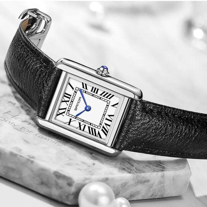 Montre Carrée en Acier Inoxydable et Cuir Noir | Solstice