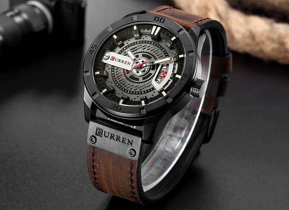 Montre en Acier Inoxydable Noir avec Bracelet en Cuir | Boreal