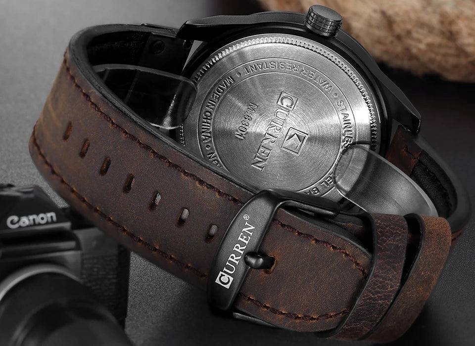 Montre en Acier Inoxydable Noir avec Bracelet en Cuir | Boreal