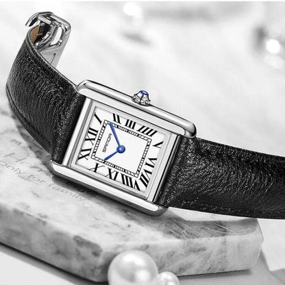 Montre Carrée en Acier Inoxydable et Cuir Noir | Solstice